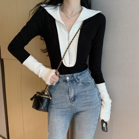 FA50137# 秋冬新款黑白撞色针织打底衫翻领拉链T恤上衣女 服裝批發女裝批發服飾貨源