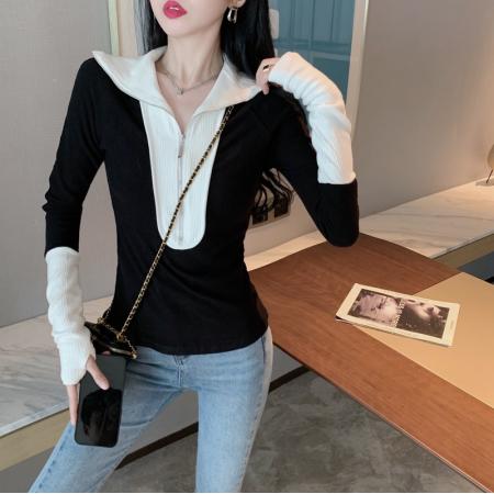 FA50137# 秋冬新款黑白撞色针织打底衫翻领拉链T恤上衣女 服裝批發女裝批發服飾貨源