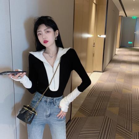 FA50137# 秋冬新款黑白撞色针织打底衫翻领拉链T恤上衣女 服裝批發女裝批發服飾貨源