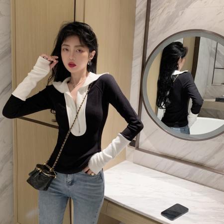 FA50137# 秋冬新款黑白撞色针织打底衫翻领拉链T恤上衣女 服裝批發女裝批發服飾貨源