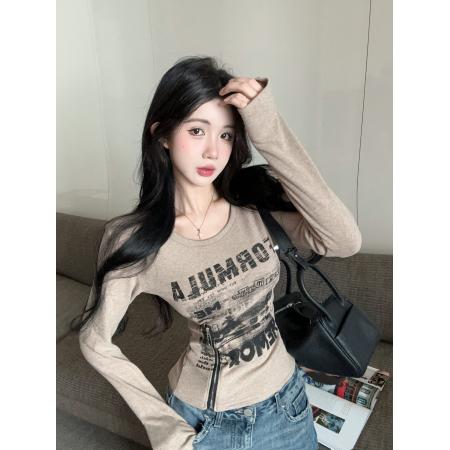 FA50138# 美式复古字母印花长袖T恤女修身显瘦拉链开叉上衣 服裝批發女裝批發服飾貨源