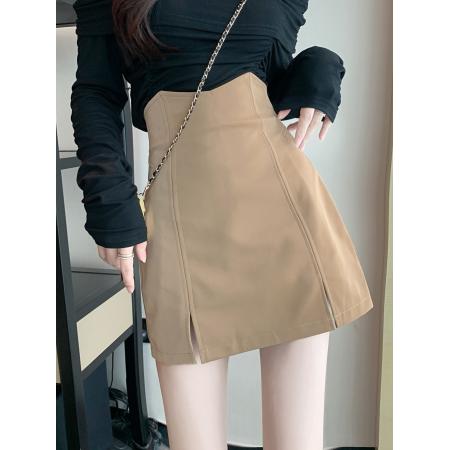 FA50140# 高级感短裙前开叉包臀A字女秋性感半身裙PU皮高腰裙 服裝批發女裝批發服飾貨源