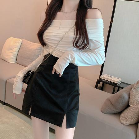 FA50140# 高级感短裙前开叉包臀A字女秋性感半身裙PU皮高腰裙 服裝批發女裝批發服飾貨源