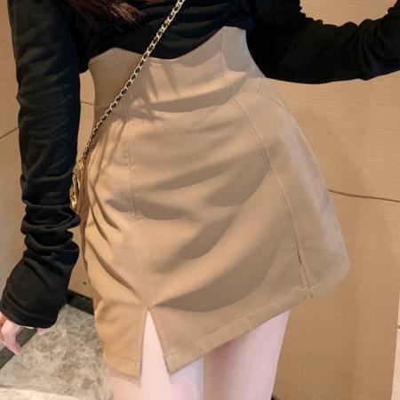 FA50140# 高级感短裙前开叉包臀A字女秋性感半身裙PU皮高腰裙 服裝批發女裝批發服飾貨源