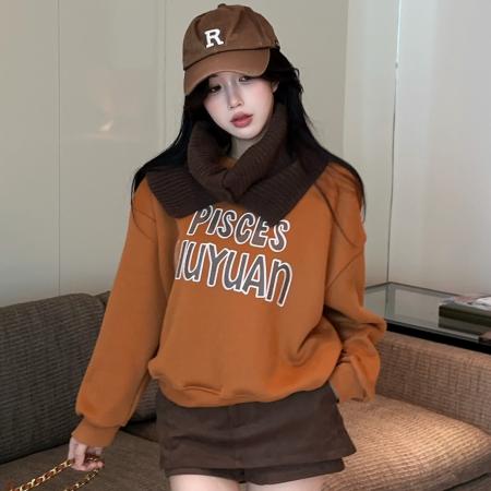 FA50141# 围脖+松弛感加绒保暖卫衣女绒衫长袖上衣宽松显瘦外套 服裝批發女裝批發服飾貨源