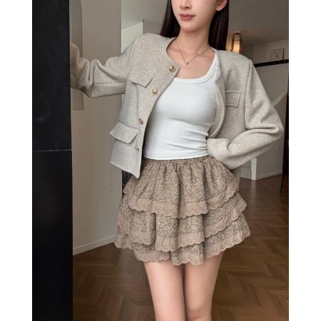 FA50142# 法式蕾丝拼接荷叶边松紧高腰蓬蓬蛋糕短裙a字半身裙子 服裝批發女裝批發服飾貨源