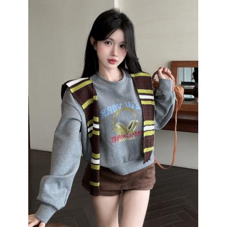 FA50143# 高级感圆领印花宽松卫衣显瘦慵懒风外套+撞色针织披肩 服裝批發女裝批發服飾貨源