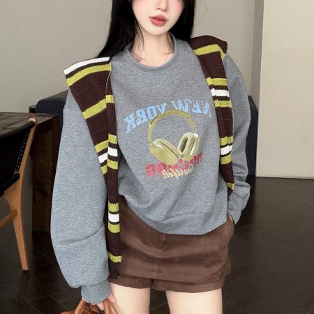 FA50143# 高级感圆领印花宽松卫衣显瘦慵懒风外套+撞色针织披肩 服裝批發女裝批發服飾貨源