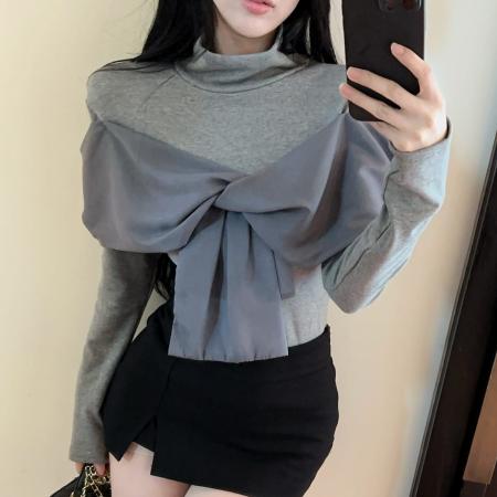 FA50144# 秋冬季半高领假两件拼接蝴蝶结长袖T恤时尚显瘦气质上衣 服裝批發女裝批發服飾貨源