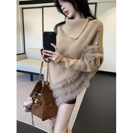 FA50145# 加厚水貂绒慵懒高领毛衣高级感上衣不规则斗篷针织衫 服裝批發女裝批發服飾貨源