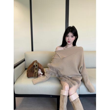 FA50145# 加厚水貂绒慵懒高领毛衣高级感上衣不规则斗篷针织衫 服裝批發女裝批發服飾貨源