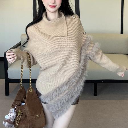 FA50145# 加厚水貂绒慵懒高领毛衣高级感上衣不规则斗篷针织衫 服裝批發女裝批發服飾貨源