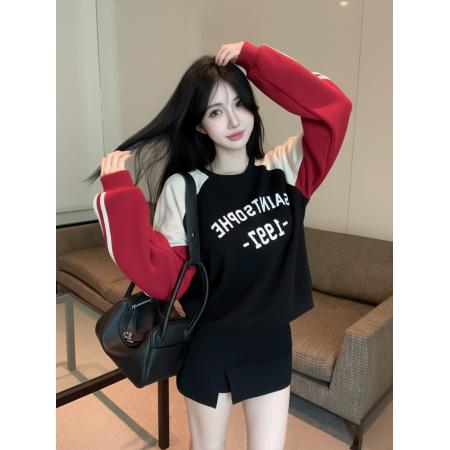 FA50149# 秋季新款时尚撞色拼接字母印花卫衣百搭T恤上衣外套 服裝批發女裝批發服飾貨源