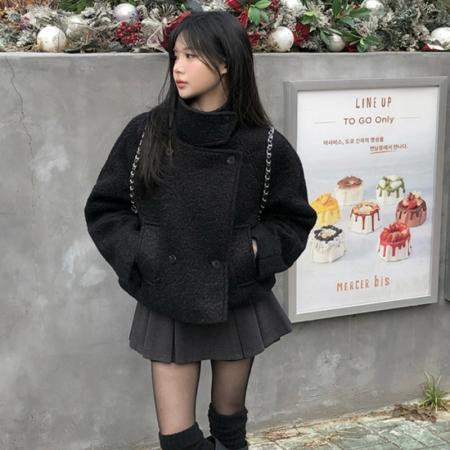 FA50154# 韩国chic冬季双排扣短款毛呢夹棉里保暖夹克外套 服裝批發女裝批發服飾貨源