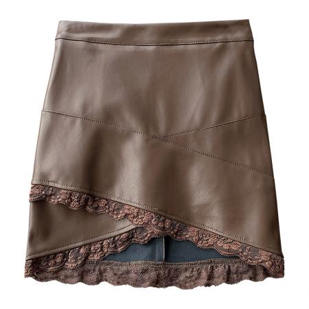 FA50159# 蕾丝拼接PU皮半身裙秋冬新款高腰百搭显瘦包臀裙A字裙 服裝批發女裝批發服飾貨源