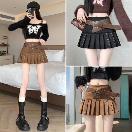 FA50160# 复古辣妹麂皮高腰百褶裙秋季新款美式设计感显瘦超短裙 服裝批發女裝批發服飾貨源