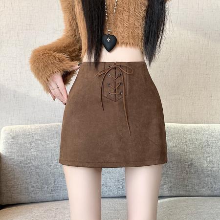 FA50161# 复古辣妹麂皮绒抽绳半身裙秋冬百搭防走光A字包臀短裙 服裝批發女裝批發服飾貨源