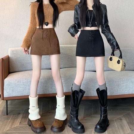 FA50161# 复古辣妹麂皮绒抽绳半身裙秋冬百搭防走光A字包臀短裙 服裝批發女裝批發服飾貨源