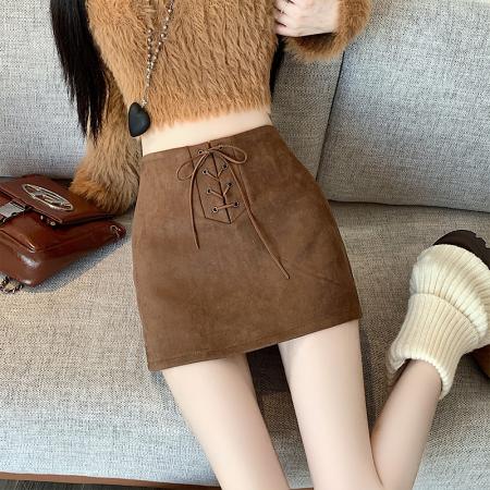 FA50161# 复古辣妹麂皮绒抽绳半身裙秋冬百搭防走光A字包臀短裙 服裝批發女裝批發服飾貨源