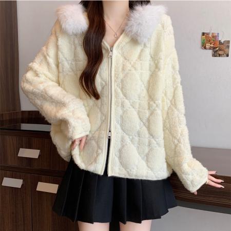 FA50165# 韩系慵懒风毛领拉链针织开衫秋冬女装新款时尚气质小香风毛衣外套 服裝批發女裝批發服飾貨源