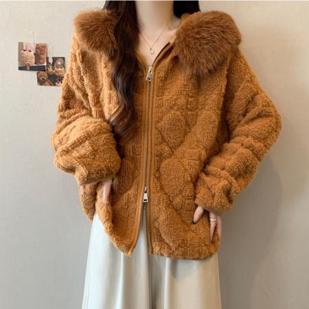 FA50165# 韩系慵懒风毛领拉链针织开衫秋冬女装新款时尚气质小香风毛衣外套 服裝批發女裝批發服飾貨源