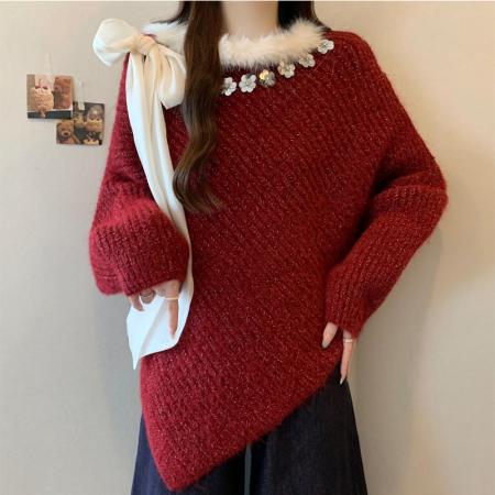 FA50166# 圣诞节撞色立体花朵红色毛衣女秋冬大码胖妹妹高级感洋气宽松上衣 服裝批發女裝批發服飾貨源