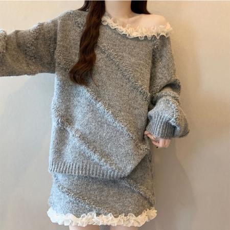 FA50167# 秋冬氛围感穿搭红色毛衣套装女新款针织花边领上衣短裙两件套 服裝批發女裝批發服飾貨源