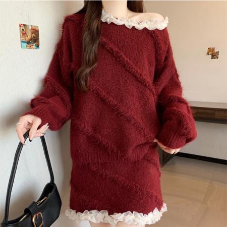 FA50167# 秋冬氛围感穿搭红色毛衣套装女新款针织花边领上衣短裙两件套 服裝批發女裝批發服飾貨源