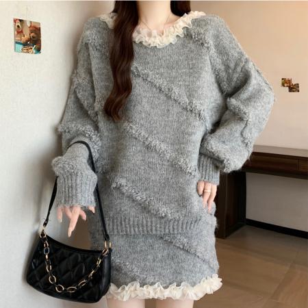 FA50167# 秋冬氛围感穿搭红色毛衣套装女新款针织花边领上衣短裙两件套 服裝批發女裝批發服飾貨源