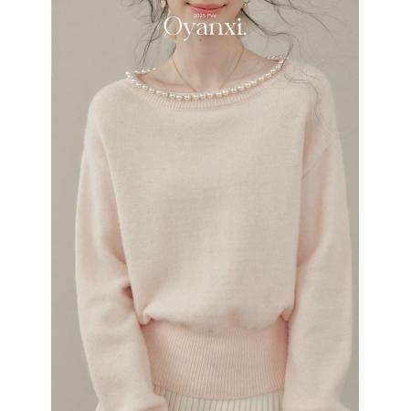 FA50168# 欧阳喜甜巧布朗尼秋冬季粉色珍珠领圆领针织衫女新款上衣 服裝批發女裝批發服飾貨源