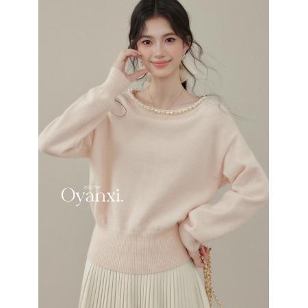 FA50168# 欧阳喜甜巧布朗尼秋冬季粉色珍珠领圆领针织衫女新款上衣 服裝批發女裝批發服飾貨源