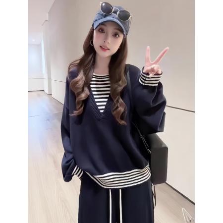 FA50169# 韩系慵懒风假两件拼接条纹撞色针织衫女秋冬新款气质宽松毛衣 服裝批發女裝批發服飾貨源