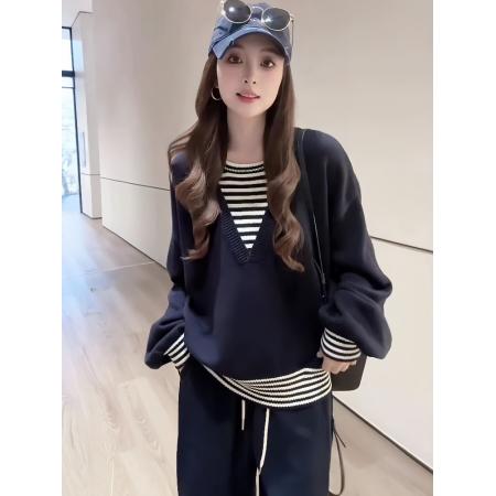 FA50169# 韩系慵懒风假两件拼接条纹撞色针织衫女秋冬新款气质宽松毛衣 服裝批發女裝批發服飾貨源