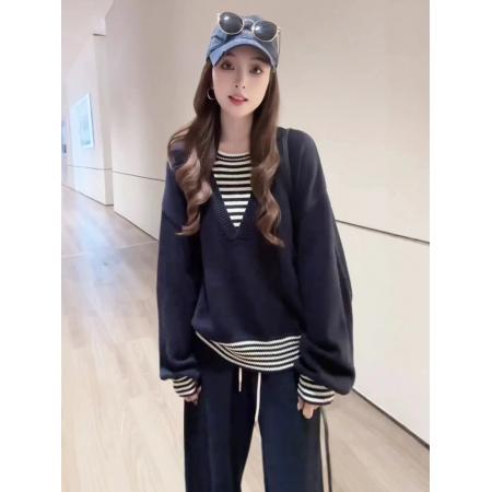 FA50169# 韩系慵懒风假两件拼接条纹撞色针织衫女秋冬新款气质宽松毛衣 服裝批發女裝批發服飾貨源