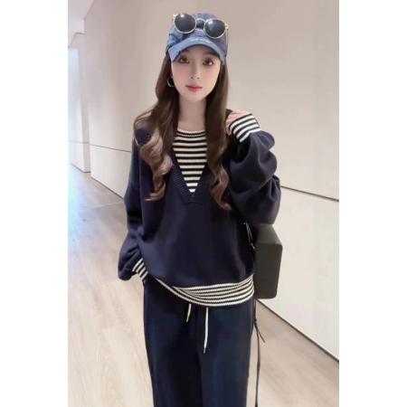 FA50169# 韩系慵懒风假两件拼接条纹撞色针织衫女秋冬新款气质宽松毛衣 服裝批發女裝批發服飾貨源