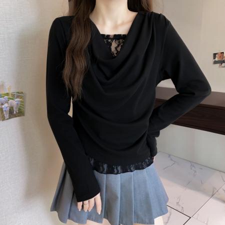 FA50173# 冬季大码长袖假两件T恤加厚保暖显瘦百搭减龄别致打底衫 服裝批發女裝批發服飾貨源