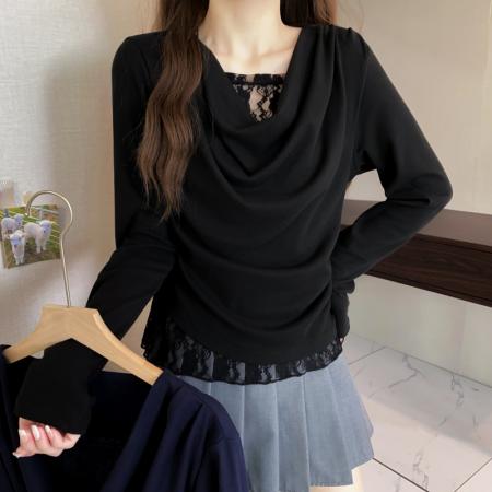 FA50173# 冬季大码长袖假两件T恤加厚保暖显瘦百搭减龄别致打底衫 服裝批發女裝批發服飾貨源