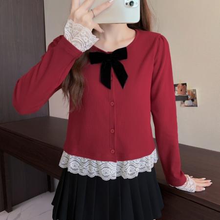 FA50174# 冬季大码长袖假两件蕾丝袖口T恤时尚百搭高级感打底衫女 服裝批發女裝批發服飾貨源