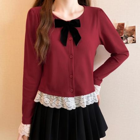 FA50174# 冬季大码长袖假两件蕾丝袖口T恤时尚百搭高级感打底衫女 服裝批發女裝批發服飾貨源