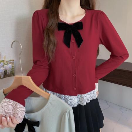 FA50174# 冬季大码长袖假两件蕾丝袖口T恤时尚百搭高级感打底衫女 服裝批發女裝批發服飾貨源