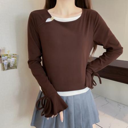 FA50175# 冬季大码长袖假两件T恤加厚保暖显瘦百搭减龄别致打底衫 服裝批發女裝批發服飾貨源