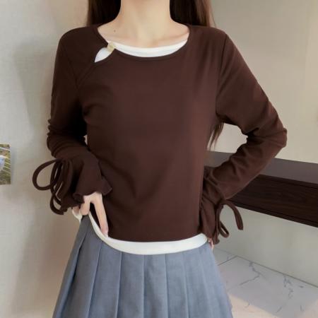 FA50175# 冬季大码长袖假两件T恤加厚保暖显瘦百搭减龄别致打底衫 服裝批發女裝批發服飾貨源