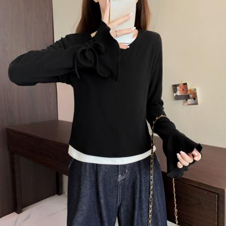 FA50175# 冬季大码长袖假两件T恤加厚保暖显瘦百搭减龄别致打底衫 服裝批發女裝批發服飾貨源