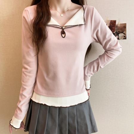 FA50177# 大码长袖加厚保暖假两件绑带T恤女装时尚显瘦百搭减龄打底衫 服裝批發女裝批發服飾貨源