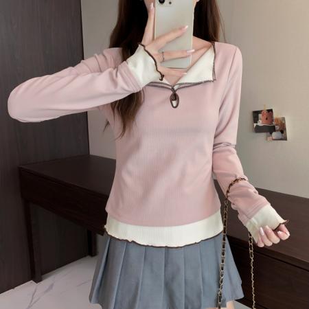 FA50177# 大码长袖加厚保暖假两件绑带T恤女装时尚显瘦百搭减龄打底衫 服裝批發女裝批發服飾貨源