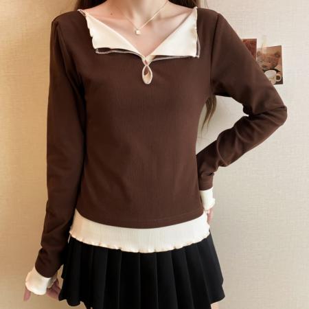 FA50177# 大码长袖加厚保暖假两件绑带T恤女装时尚显瘦百搭减龄打底衫 服裝批發女裝批發服飾貨源