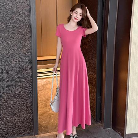 LN76387# 纯色修身短袖连衣裙女度假长裙春夏新款垂感中长款裙子
