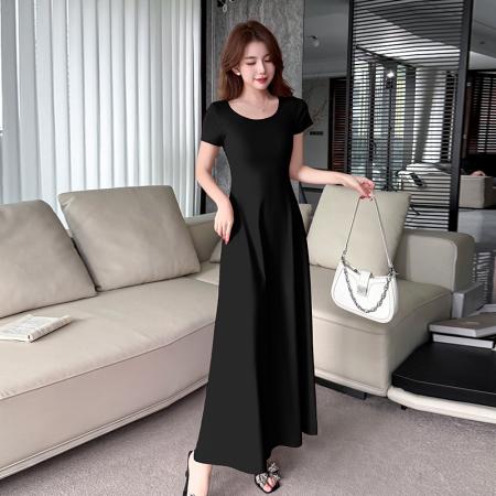 LN76387# 纯色修身短袖连衣裙女度假长裙春夏新款垂感中长款裙子