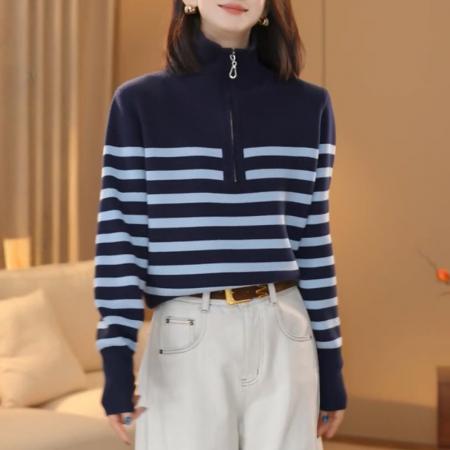 LN76388# 立领半拉链条纹撞色减龄款修身针织衫女冬季新款小众洋气衣服
