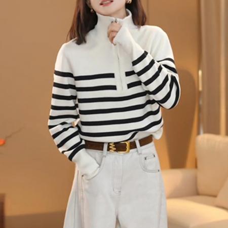 LN76388# 立领半拉链条纹撞色减龄款修身针织衫女冬季新款小众洋气衣服